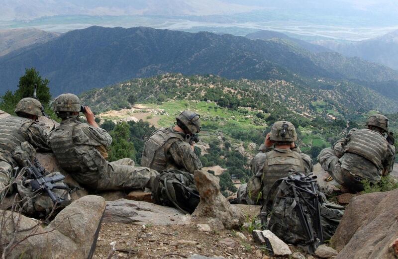 070822-A-6849A-667 -- Scouts from 2nd Battalion, 503rd Infantry Regiment (Airborne), pull overwatch during Operation Destined Strike while 2nd Platoon, Able Company searches a village below the Chowkay Valley in Kunar Province, Afghanistan Aug. 22 2006 US Army