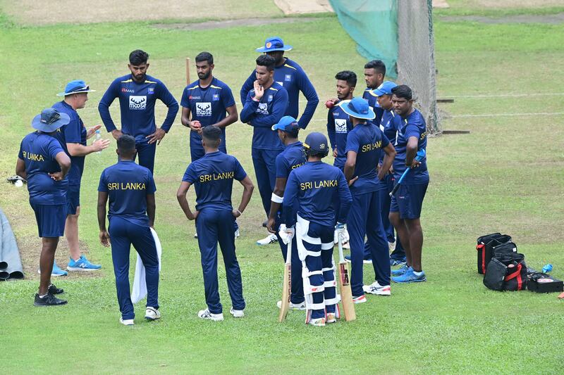 Coach Chris Silverwood addresses Sri Lanka's players during training in Dhaka. AFP