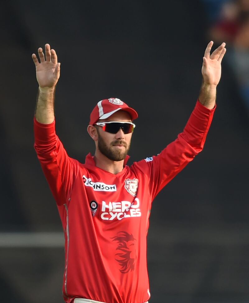 Kings XI Punjab cricketer Glenn Maxwell gestures during the 2017 Indian Premier League (IPL) Twenty20 cricket match between Rising Pune Supergiant and Kings XI Punjab at The Maharashtra Cricket Association Stadium in Pune on May 14, 2017. ------IMAGE RESTRICTED TO EDITORIAL USE - STRICTLY NO COMMERCIAL USE----- / GETTYOUT------ (Photo by INDRANIL MUKHERJEE / AFP) / ----IMAGE RESTRICTED TO EDITORIAL USE - STRICTLY NO COMMERCIAL USE----- / GETTYOUT