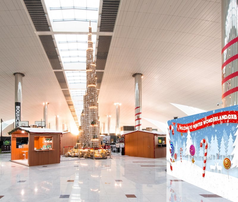 A gingerbread Burj Khalifa awaits visitors in Dubai International Airport's Terminal 3 in December 2017. Courtesy Address Dubai Marina