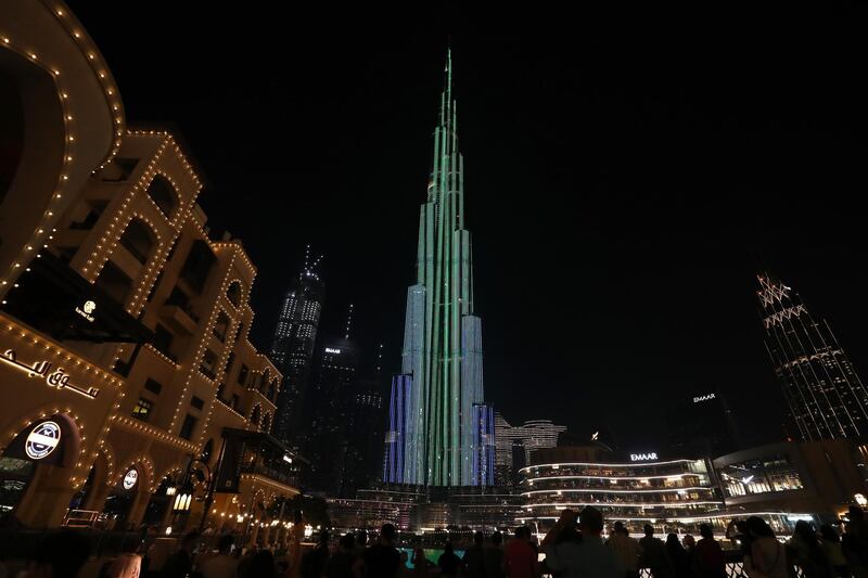 Burj Khalifa and Dubai Fountain lit up with new Eid light show in Dubai on May 11,2021. Pawan Singh / The National