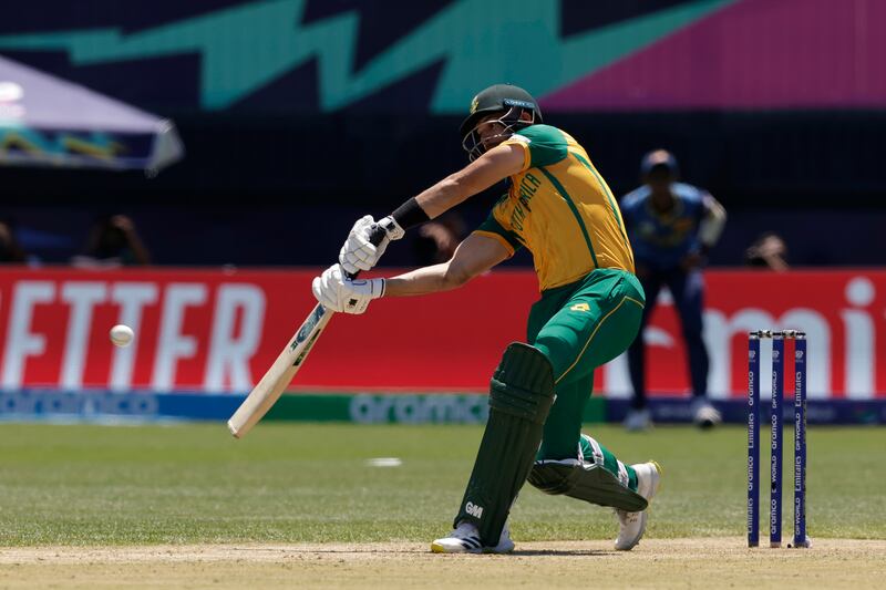 South Africa's Aiden Markram hits a six on his way to 12 off 14 balls. AP