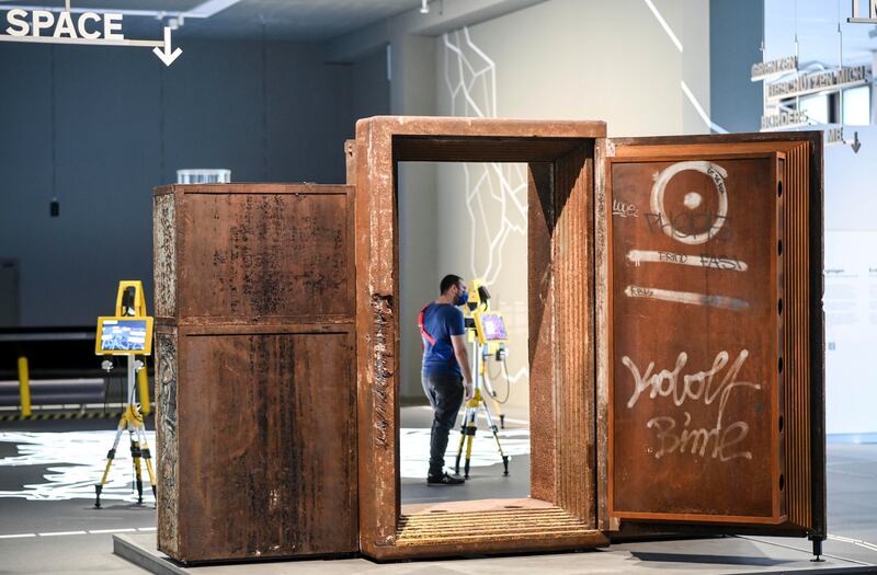 The old door of the techno club 'Tresor' in the Berlin exhibition at the Humboldt Forum.