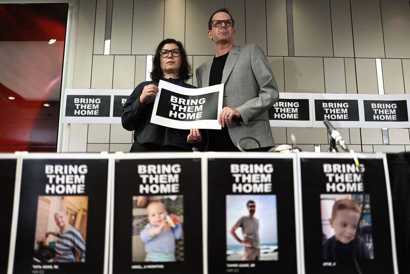 Sharon Lifschitz, left, and Noam Sagi during a press conference of British children of Israeli hostages. AFP