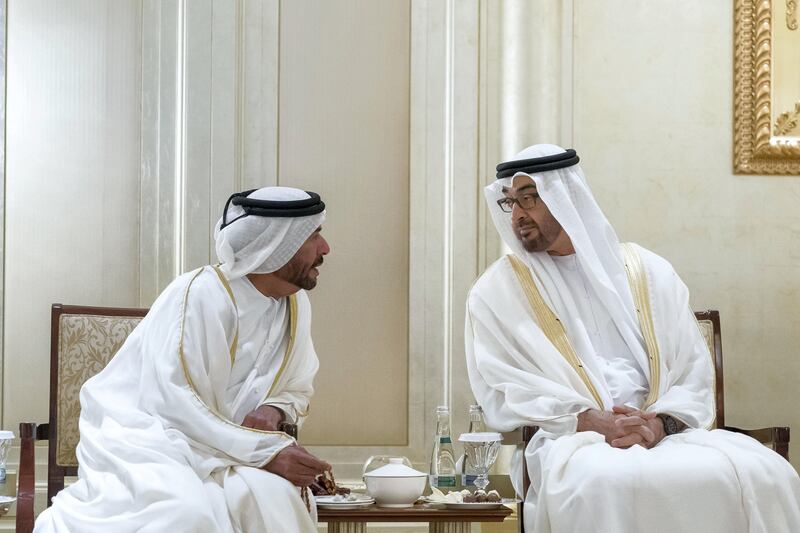 Sheikh Mohammed bin Zayed, Crown Prince of Abu Dhabi and Deputy Supreme Commander of the Armed Forces, and Sheikh Suroor bin Mohammed, attend the wedding reception of Sheikh Tahnoon bin Saeed bin Saif bin Mohammed Al Nahyan (not shown), who is marrying the daughter of Dr Sheikh Sultan bin Khalifa, Advisor to the UAE President (not shown), at Emirates Palace. Rashed Al Mansoori / Crown Prince Court - Abu Dhabi