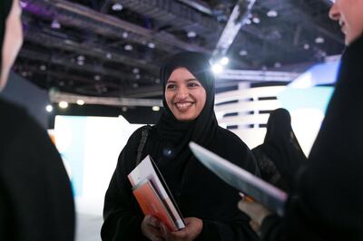 ABU DHABI, UNITED ARAB EMIRATES - OCTOBER 09, 2018. 

University student Alia Hareb, 23, at Mohammed Bin Zayed Council for Future Generations, held at ADNEC.

(Photo by Reem Mohammed/The National)

Reporter: SHIREENA AL NUWAIS + ANAM RIZVI
Section:  NA