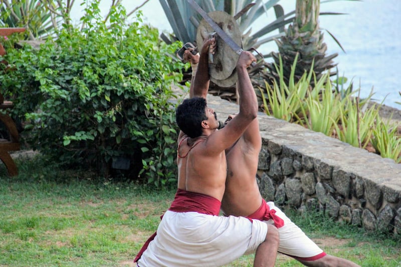 Weapons training starts with stance correction, followed by handling wooden weapons, then metallic weapons and finally barehanded combat. Kalpana Sunder for The National