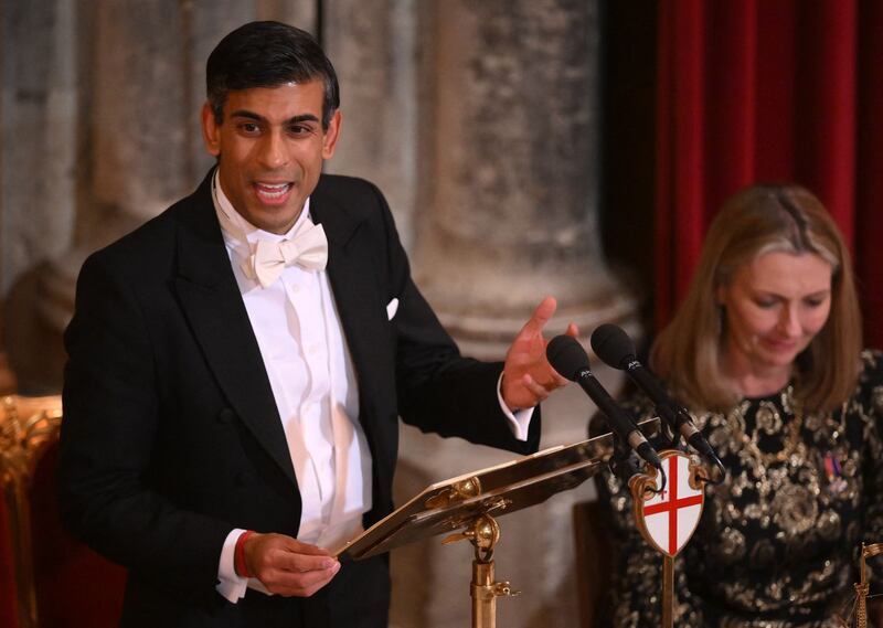 Britain's Prime Minister, Rishi Sunak, at the Lord Mayor's banquet at The Guildhall in London, on Monday night. AFP