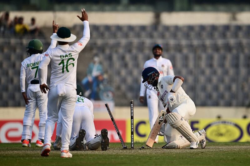 Bangladesh’s Nurul Hasan after stumping India’s Cheteshwar Pujara. AFP