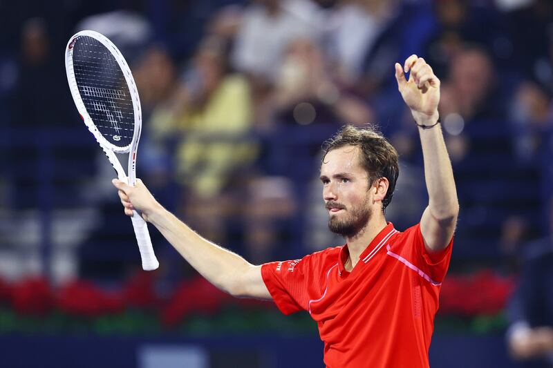 Daniil Medvedev celebrates his victory against Andrey Rublev in the Dubai Tennis Championships final on March 4, 2023. Getty