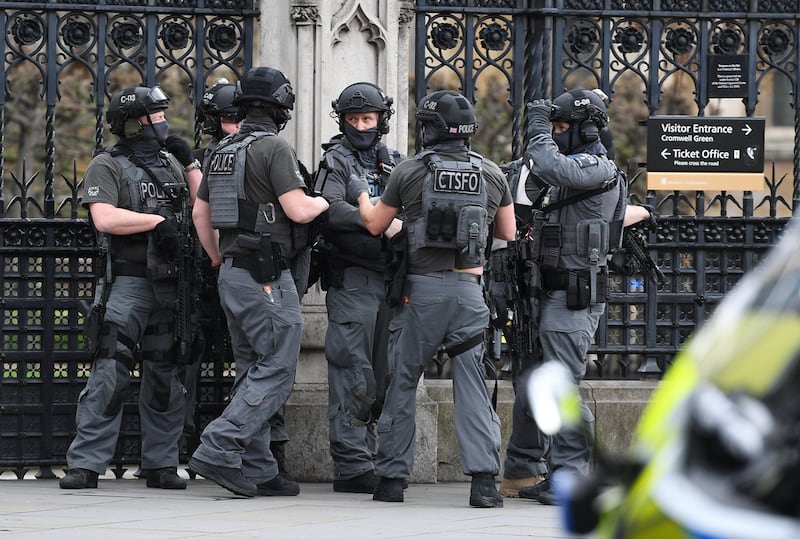 Armed police outside the Houses of Parliament. Iran International television station will have high-level security similar to Westminster when it comes back on air this week. EPA