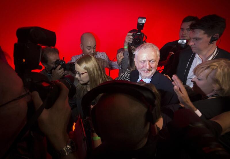 Jeremy Corbyn celebrates his victory in the Labour leadership contest between him and Owen Smith in Liverpool, England, on  September 24, 2016. Danny Lawson / PA via AP 