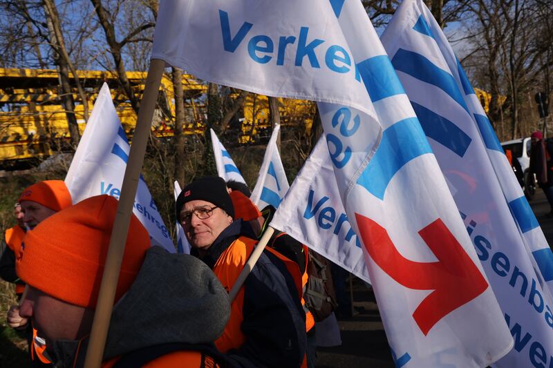 Striking public sector workers, including state railway employees of the EVG labour union, gather in Potsdam. Getty 