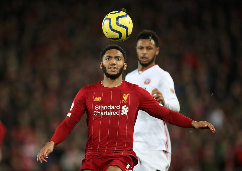 Soccer Football - Premier League - Liverpool v Sheffield United - Anfield, Liverpool, Britain - January 2, 2020   Liverpool's Joe Gomez in action           Action Images via Reuters/Carl Recine    EDITORIAL USE ONLY. No use with unauthorized audio, video, data, fixture lists, club/league logos or "live" services. Online in-match use limited to 75 images, no video emulation. No use in betting, games or single club/league/player publications.  Please contact your account representative for further details.