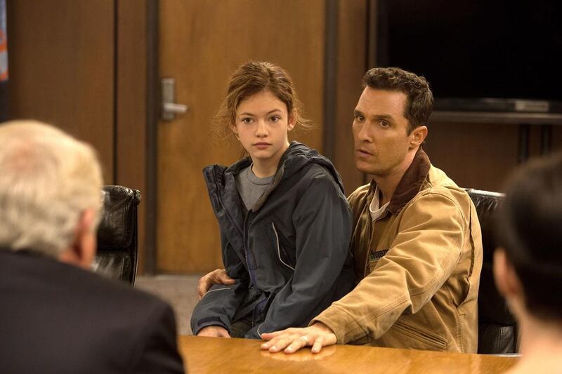 Mackenzie Foy, left, plays the young daughter of Matthew McConaughey, right, who stars as a former Nasa pilot in Interstellar. Paramount Pictures

