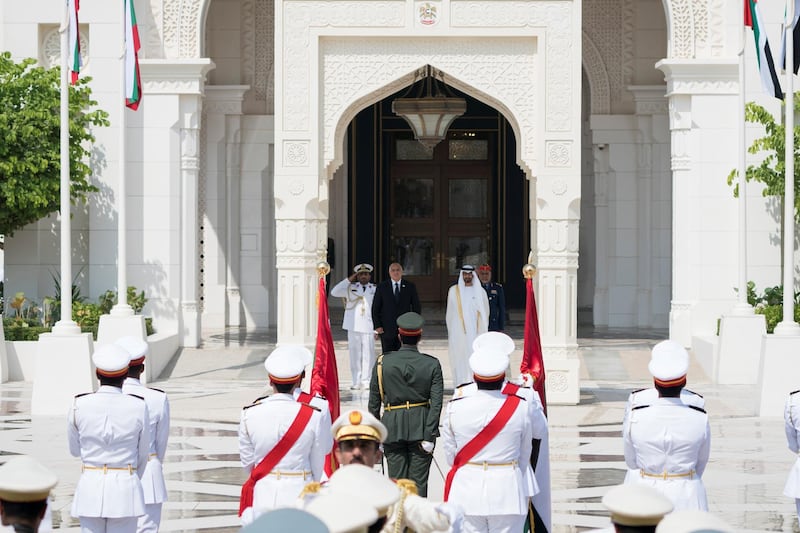 ABU DHABI, UNITED ARAB EMIRATES - October 21, 2018: HH Sheikh Mohamed bin Zayed Al Nahyan Crown Prince of Abu Dhabi Deputy Supreme Commander of the UAE Armed Forces (center R) and HE Boyko Borisov, Prime Minister of Bulgaria (center L), stand for the national anthem, during a reception held at the Presidential Palace.

( Rashed Al Mansoori / Crown Prince Court - Abu Dhabi )
---