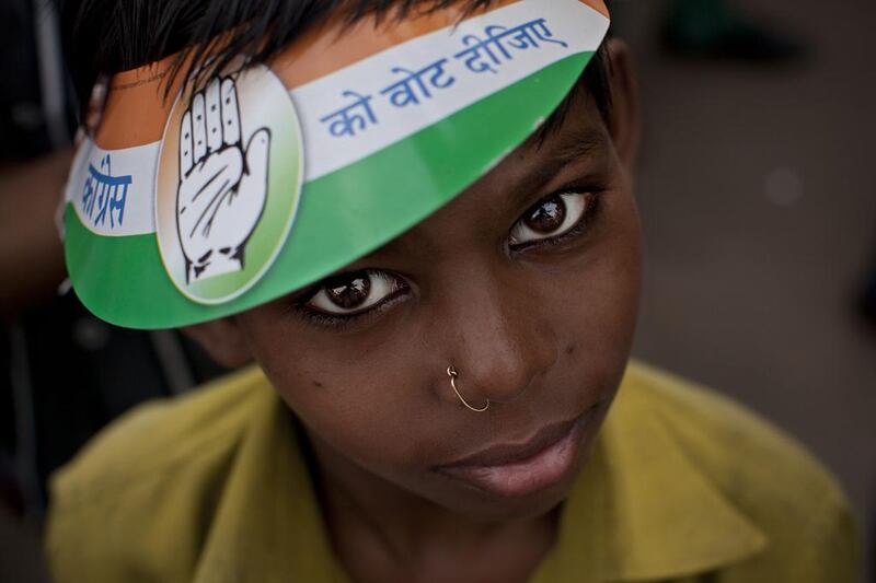 An Indian child attending an election rally of the country’s ruling Congress Party candidate Rahul Gandhi in the northern Indian state of Uttar Pradesh. Bernat Armangue/AP Photo