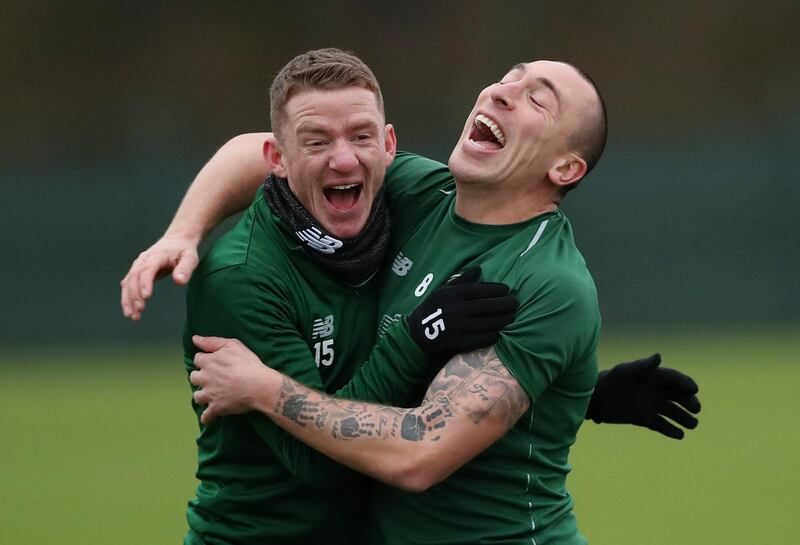 Celtic Training - Lennoxtown Training Centre, Glasgow, Britain, Celtic's Scott Brown and Jonny Hayes during training Action. Reuters