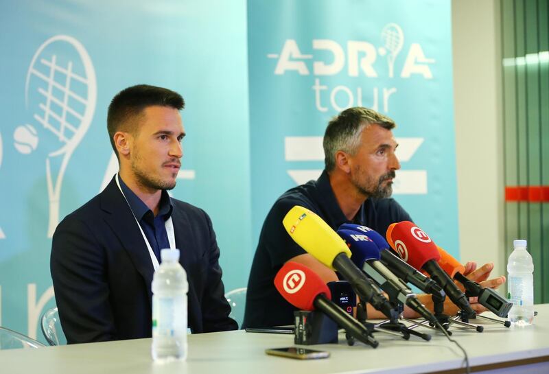 Djordje Djokovic and Goran Ivanisevic during a press conference announcing the cancellation of the Adria Tour final. Reuters