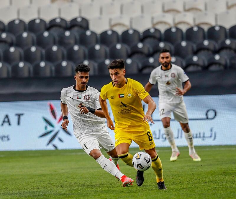 Al Wasl midfielder Nicolas Oroz is challenge by Al Jazira’s Abdulla Ramadan in the Arabian Gulf League clash at Mohamed bin Zayed Stadium. Courtesy PLC