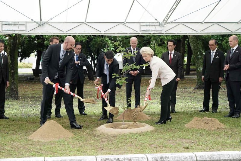 From left: Charles Michel, President of the European Council, Fumio Kishida, Prime Minister of Japan, Rishi Sunak, Prime Minister of the UK, and Ursula von der Leyen, President of the European Commission, at a tree-planting ceremony in Hiroshima. AFP