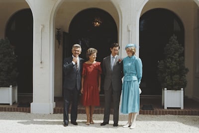 From left to right, Australian Prime Minister Bob Hawke with his wife Hazel, and the Prince and Princess of Wales in front of Government House in Canberra, Australia, 24th March 1983.   (Photo by Fox Photos/Hulton Archive/Getty Images)