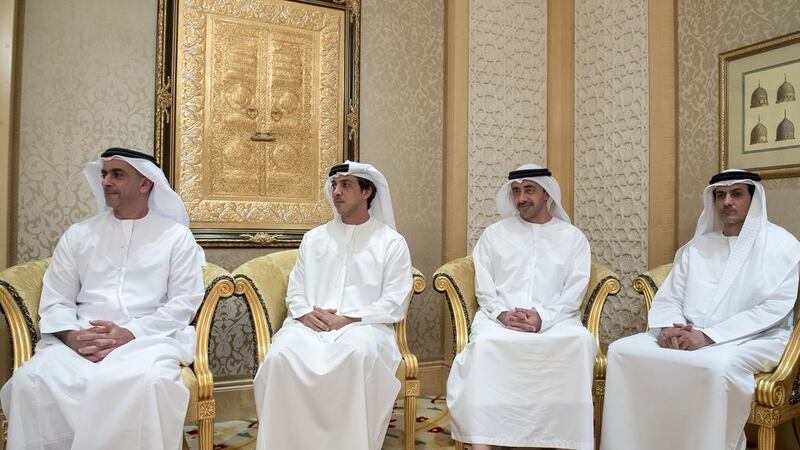 (R-L) Ali Al Shamsi, Deputy Secretary-General of the Supreme National Security Council, Sheikh Abdullah bin Zayed, Minister of Foreign Affairs and International Cooperation, Sheikh Mansour bin Zayed, Deputy Prime Minister and Minister of Presidential Affairs and Sheikh Saif bin Zayed, Deputy Prime Minister and Minister of Interior, attend a meeting with Sheikh Sabah Al Sabah, Emir of Kuwait (not shown), at Zabeel Palace. Rashed Al Mansoori / Crown Prince Court - Abu Dhabi