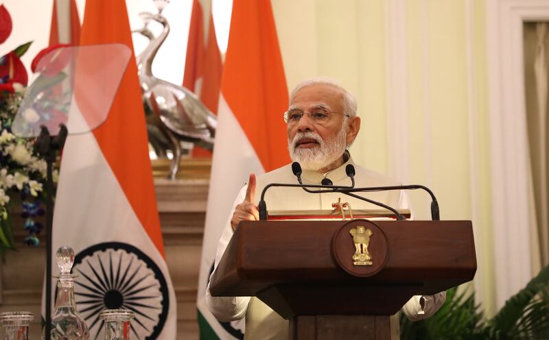 Indian Prime Minister Narendra Modi speaks during a joint statement with Britain's Prime Minister Boris Johnson after an exchange of agreements in New Delhi. EPA 