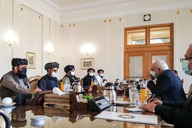 Iranian Foreign Minister Mohammed Javad Zarif, second right, meets Mullah Abdul Ghani Baradar.second left, of the Taliban in Tehran. AFP A picture obtained by AFP from the Iranian news agency Tasnim on January 31, 2021, shows