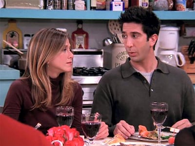 Characters Rachel (Jennifer Aniston) Ross Geller (David Schwimmer) in a still from the sitcom 'Friends'. Courtesy Warner Bros Television