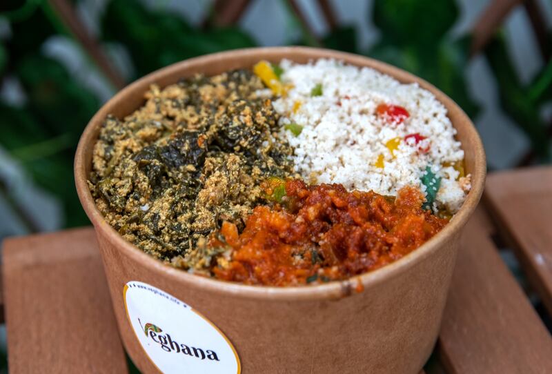 Veghana's spinach and egusi (melon- seed) stew with fonio plantain.