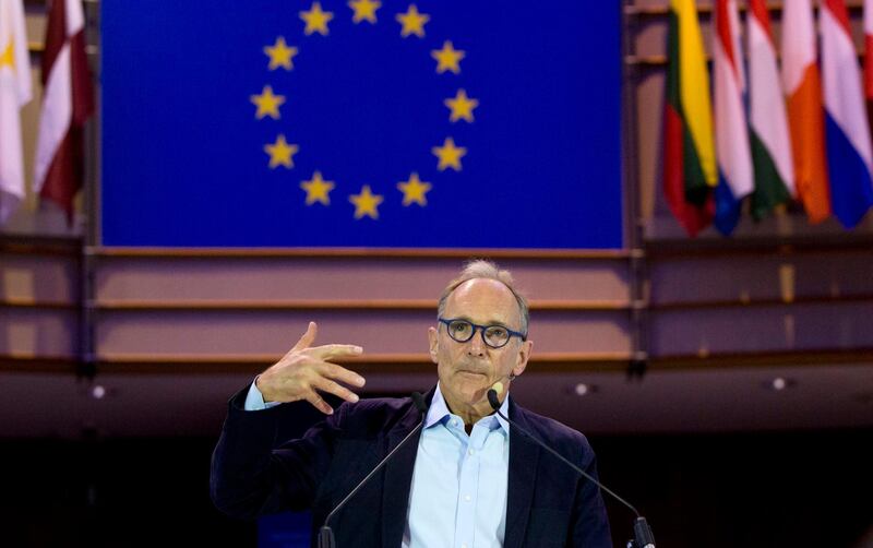 File-This Oct. 24, 2018, file photo shows creator of the World Wide Web Sir Tim Berners-Lee speaking during a data privacy conference at the European Parliament in Brussels.  Berners-Lee is releasing an ambitious rule book for online governance, a bill of rights and obligations for the internet. It is designed to counteract the spread of such anti-democratic ills as misinformation, mass surveillance and censorship.
Called â€œContract for the Web ,â€ the charter that Tim Berners-Lee unveiled Monday, represents a yearâ€™s work by the World Wide Web Foundation where Berners-Lee is a founding director. (AP Photo/Virginia Mayo, File)