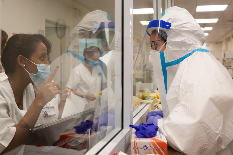 Medical workers at the Barzilai Medical Centre in Ashkelon, Israel. AP