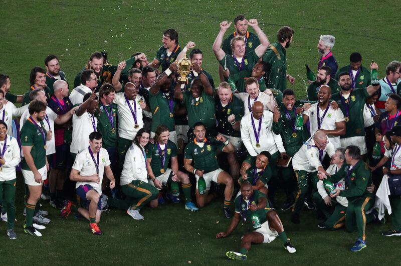 South Africa's players celebrate winning the Japan 2019 Rugby World Cup final match between England and South Africa at the International Stadium Yokohama in Yokohama. AFP