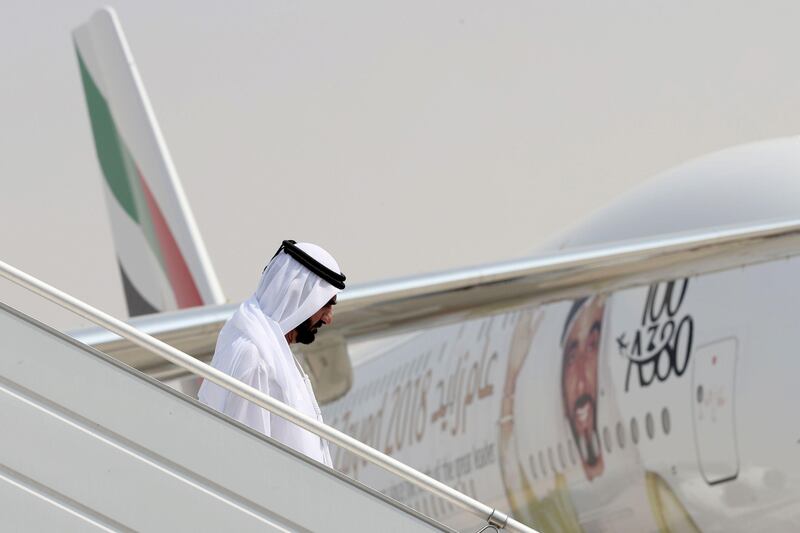 Vice President and Ruler of Dubai, Sheikh Mohammed bin Rashid, disembarks from a plane during the Dubai Airshow on November 12, 2017. Karim Sahib / AFP