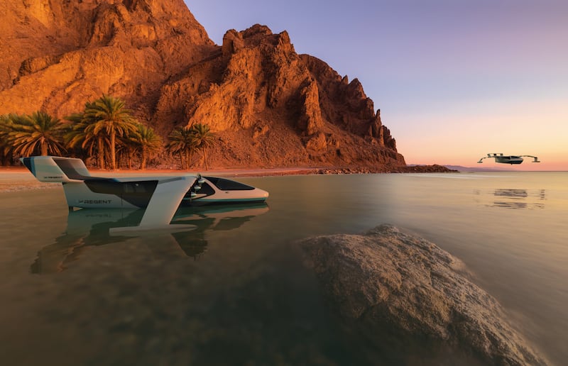 An artist's impression of a Regent electric seaglider along the shoreline of Neom, Saudi Arabia