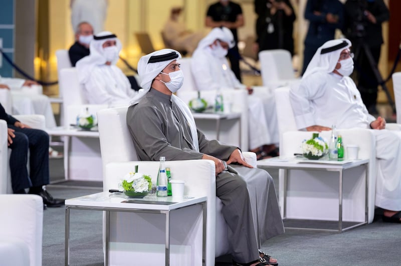 *** GENERAL CAPTION ***
AL MARYAH ISLAND, ABU DHABI, UNITED ARAB EMIRATES - March 29, 2021: HH Sheikh Mansour bin Zayed Al Nahyan, UAE Deputy Prime Minister and Minister of Presidential Affairs () attends the launch of Murban crude futures trading at Abu Dhabi Global Market, Al Maryah Island.

( Hamad Al Kaabi / Ministry of Presidential Affairs )​
---