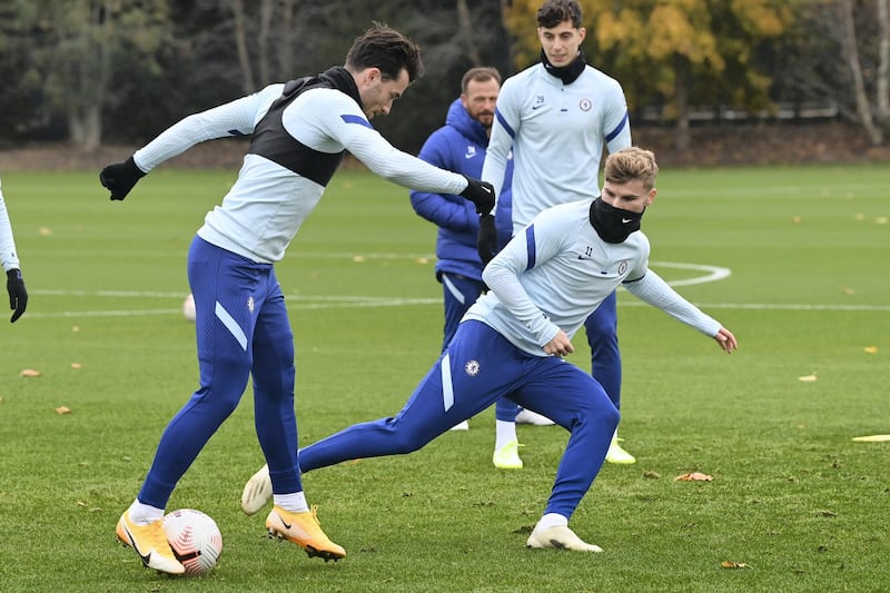 COBHAM, ENGLAND - OCTOBER 30: Ben Chilwell and Timo Werner of Chelsea during a training session at Chelsea Training Ground on October 30, 2020 in Cobham, United Kingdom. (Photo by Darren Walsh/Chelsea FC via Getty Images)