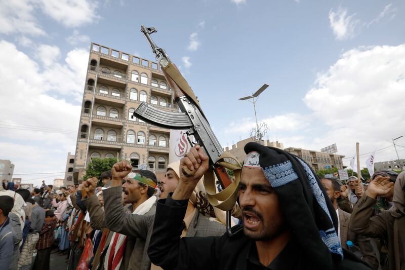Supporters of the Iran-backed Houthis hold a demonstration in Sanaa. EPA