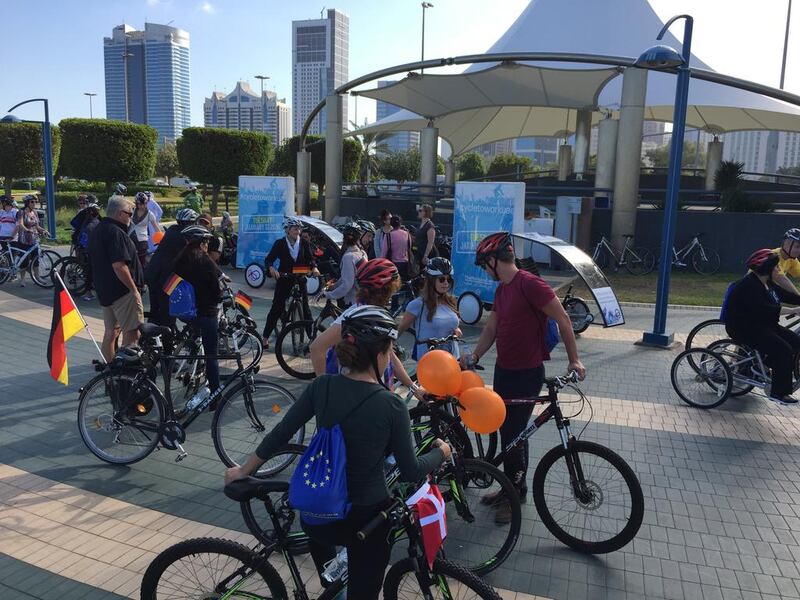 Riders take part in the EU embassy ride on the Abu Dhabi Corniche for #cycletoworkuae. Christopher Pike / The National
