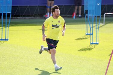 BARCELONA, SPAIN - MAY 22: Lionel Messi of FC Barcelona sprints during a training session at Ciutat Esportiva Joan Gamper on May 22, 2020 in Barcelona, Spain. Spanish LaLiga clubs are back training in groups of up to 10 players following the LaLiga's 'Return to Training' protocols. (Photo by Handout/FC Barcelona via Getty Images)