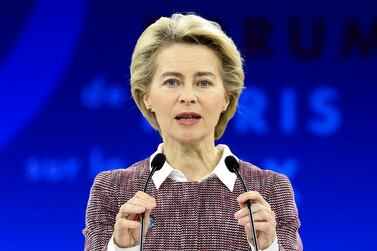 European Commission president Ursula von der Leyen delivers a speech at the Paris Peace Forum Tuesday, Nov. 12, 2019 in Paris AP