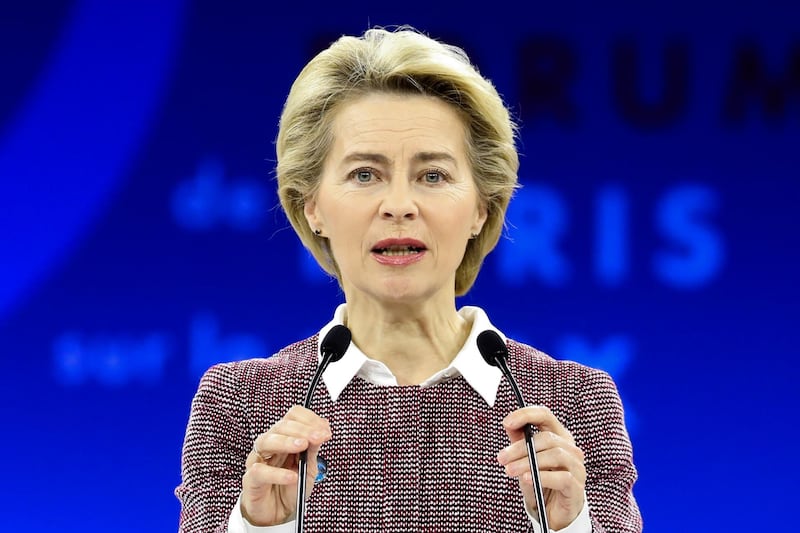 European Commission president Ursula von der Leyen delivers a speech at the Paris Peace Forum Tuesday, Nov. 12, 2019 in Paris. (Ludovic Marin/Pool via AP)