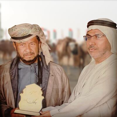 Sheikh Sultan bin Zayed, President's Representative, with Saeed Al Mannaei, activity manager for Emirates Heritage Club, at Sheikh Sultan bin Zayed Hertiage Festival in Sweihan in 2017. Courtesy Saeed Al Mannaei