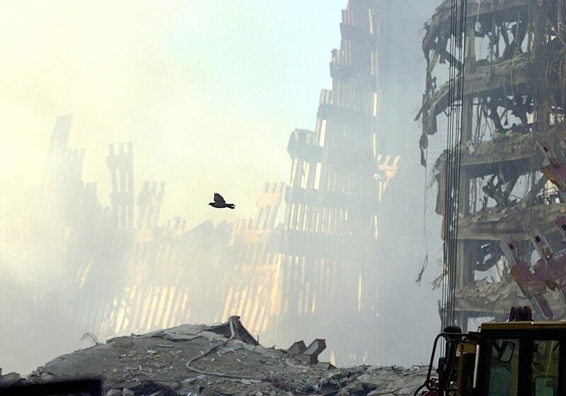 A bird takes flight over the wreckage of the World Trade Center twin towers 16 September, 2001. Clearing and rescue work continues on the site of the nations worst terrorist attack.  AFP PHOTO/Roberto SCHMIDT (Photo by ROBERTO SCHMIDT / AFP)