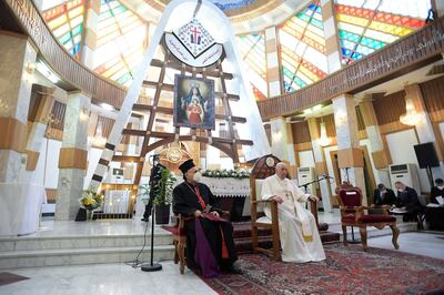 Pope Francis meets with with bishops, priests, seminarians and catechists at the Syro-Catholic Cathedral of 'Our Lady of Salvation' in Baghdad, Iraq March 5, 2021.  Vatican Media//Handout via REUTERS    ATTENTION EDITORS - THIS IMAGE WAS PROVIDED BY A THIRD PARTY.