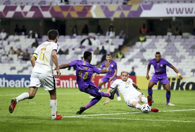 Al Ain, United Arab Emirates - Reporter: John McAuley: Saeed Juma of Al Ain scores. Al Ain take on Bunyodkor in the play-off to game qualify for the 2020 Asian Champions League. Tuesday, January 28th, 2020. Hazza bin Zayed Stadium, Al Ain. Chris Whiteoak / The National