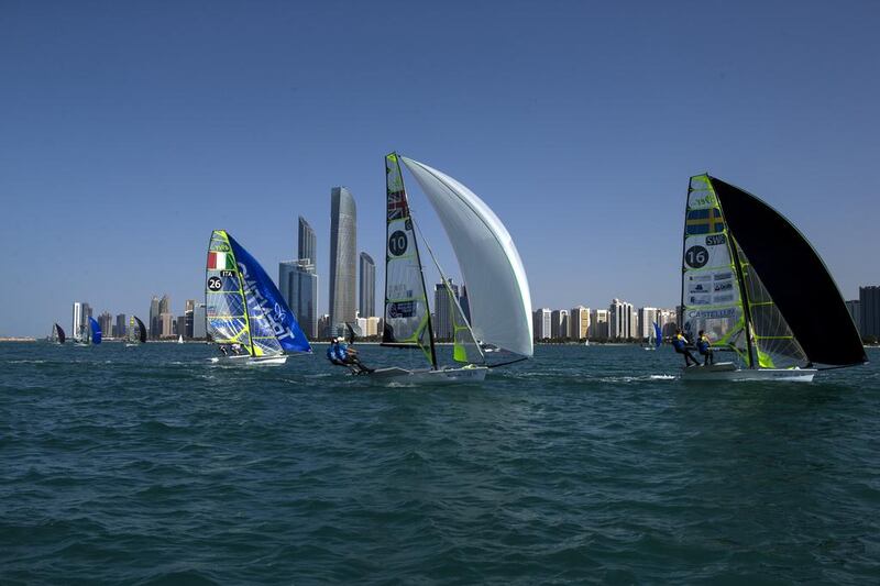 Men’s skiff 49er fleet race during the ISAF Sailing World Cup Finals at the Breakwater in Abu Dhabi on November 27, 2014. Christopher Pike / The National