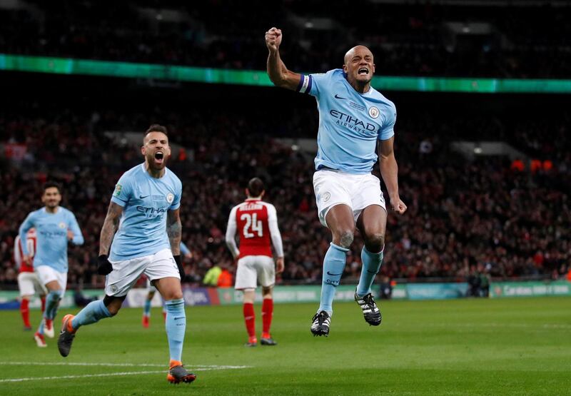 Soccer Football - Carabao Cup Final - Arsenal vs Manchester City - Wembley Stadium, London, Britain - February 25, 2018   Manchester City's Vincent Kompany celebrates scoring their second goal    Action Images via Reuters/Carl Recine     EDITORIAL USE ONLY. No use with unauthorized audio, video, data, fixture lists, club/league logos or "live" services. Online in-match use limited to 75 images, no video emulation. No use in betting, games or single club/league/player publications. Please contact your account representative for further details.     TPX IMAGES OF THE DAY