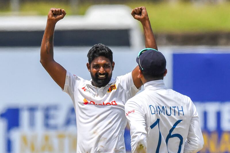 Sri Lanka's Prabath Jayasuriya after taking the wicket of Pakistan's Shaheen Afridi. AFP